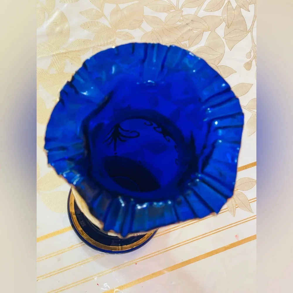 VTG Bohemian Czech Cobalt Blue Crystal RUFFLE Vase 24k Gold Enamel flowers